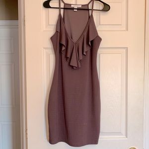 Plunged neck bodycon short dress in plum.